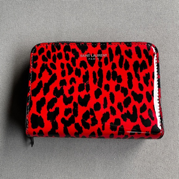 Saint Laurent wallet folding YSL 562796 baby cat leopard pattern zip rouge black - Picture 1 of 9